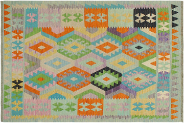 Flat Weave Kilim, Antique, Navaho, Vintage, Handmade, Geometric Kilim Blue Orange Hand-Woven Rectangle 100% Wool Area Rug 4 x 6
